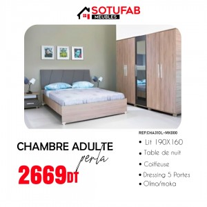 CHAMBRE ADULTE PERLA SOTUFAB 5 PORTES LIT 190X160CM OLMO / MOKA