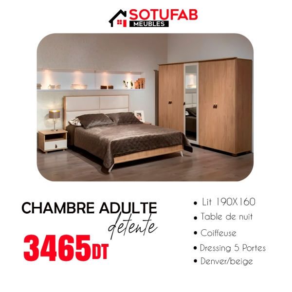 CHAMBRE ADULTE DETENTE SOTUFAB 5 PORTES LIT 190X160CM DENVER/BEIGE