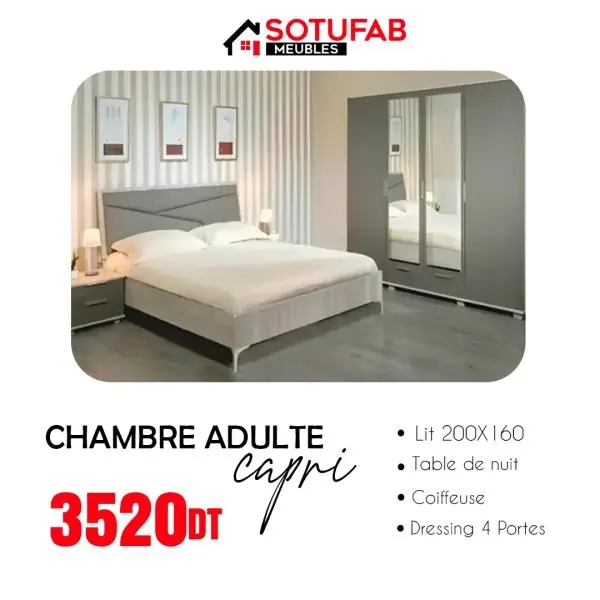 CHAMBRE ADULTE CAPRI SOTUFAB 4 PORTES 200X160CM CHÊNE BRUT / MOKA